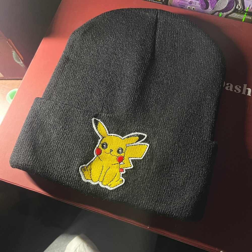 Black Beanie with Pikachu Embroidery Patch